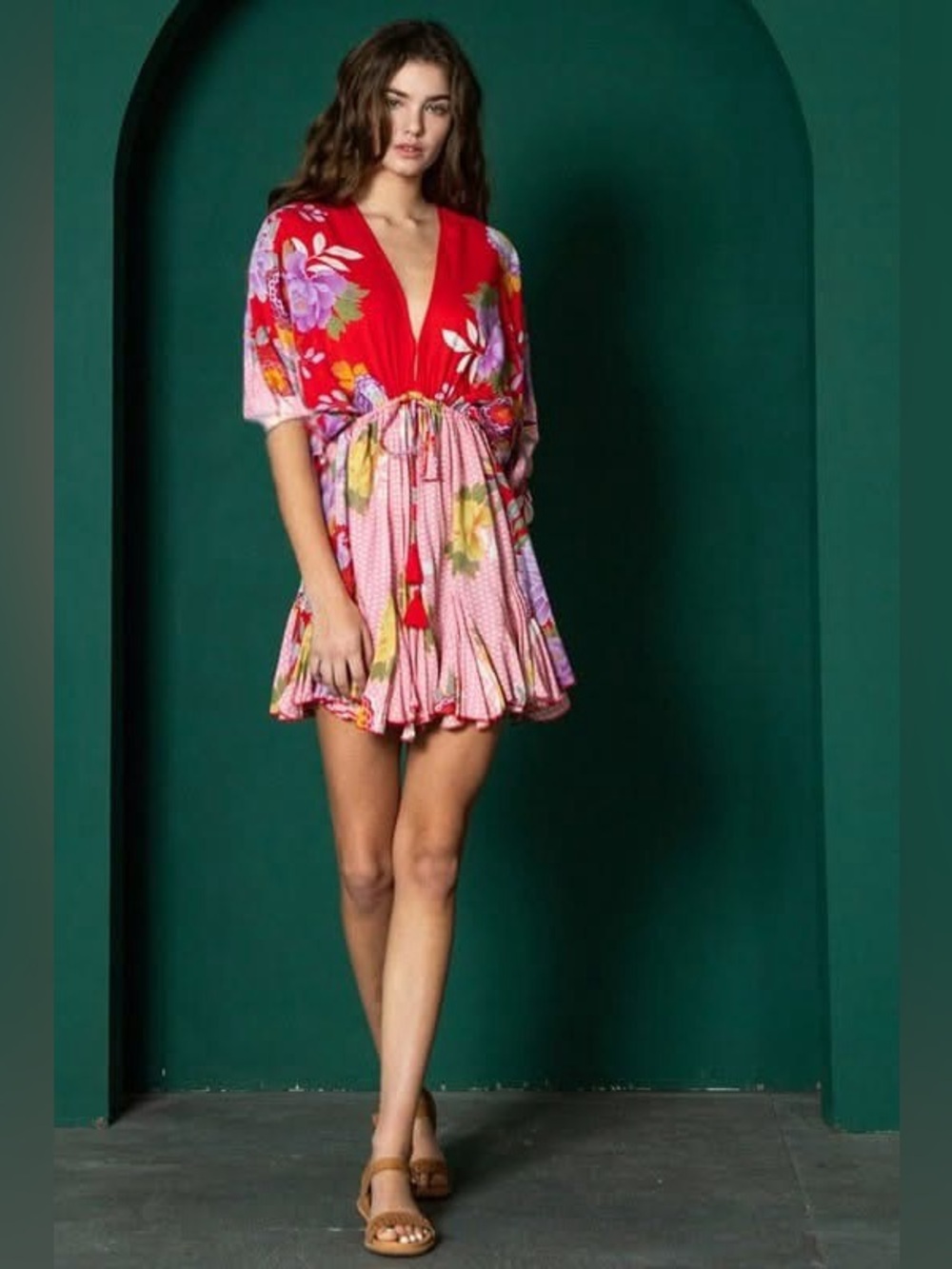 Aakaa Floral Boho Babydoll Mini Dress Pink Red Rayon Large